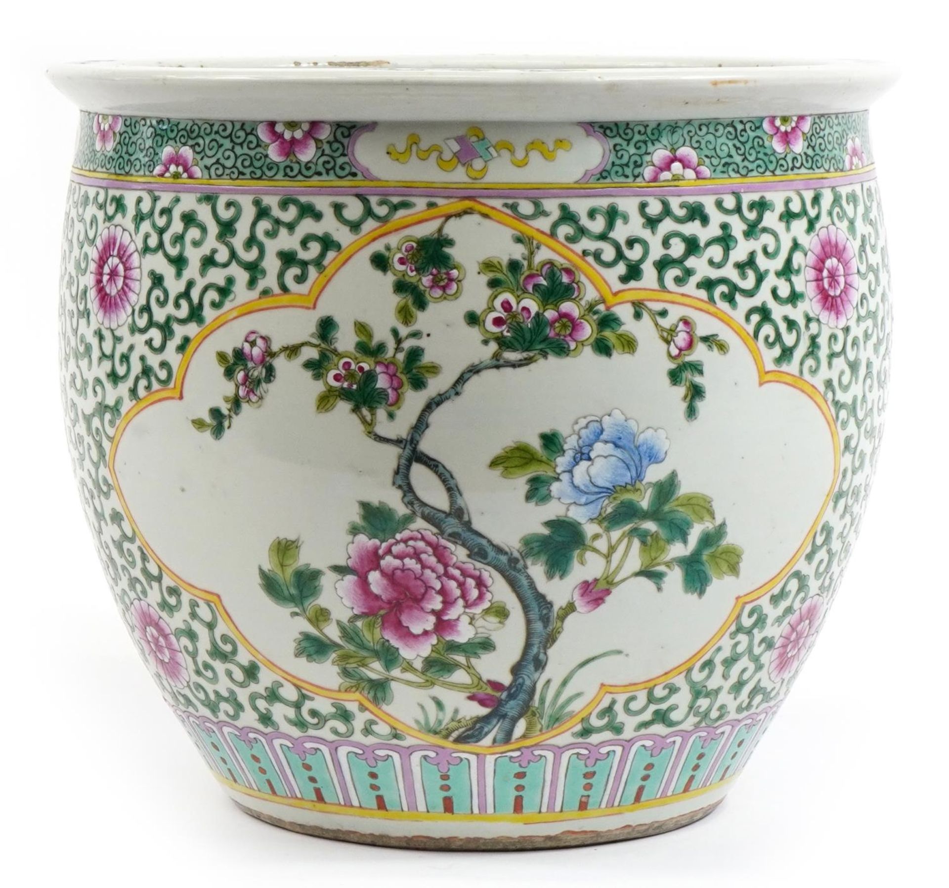 Large Chinese porcelain jardiniere hand painted in the famille rose palette with flowers and - Bild 2 aus 3