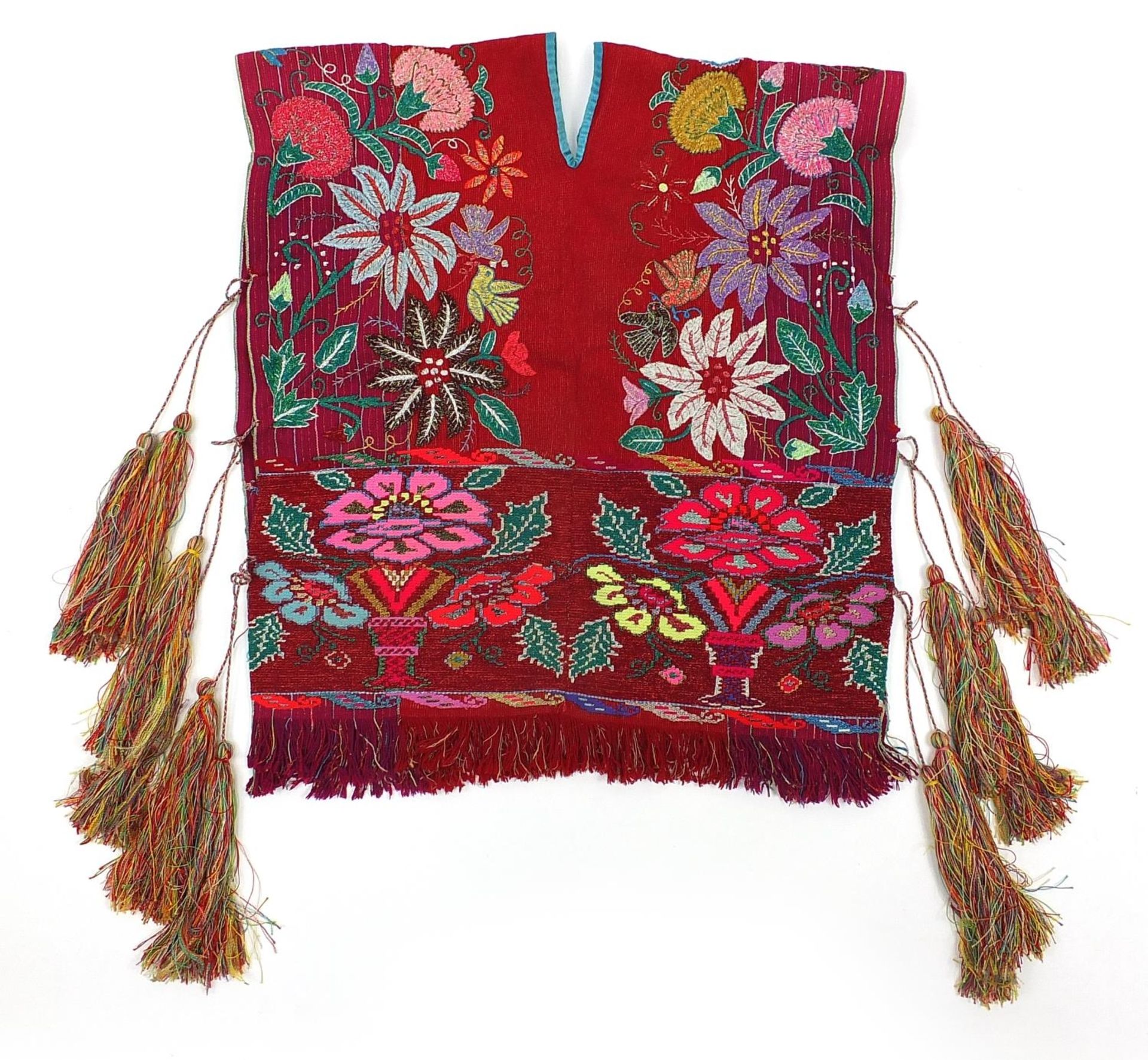 Indian shawl embroidered with birds and flowers, 70cm high x 62cm wide - Image 2 of 3