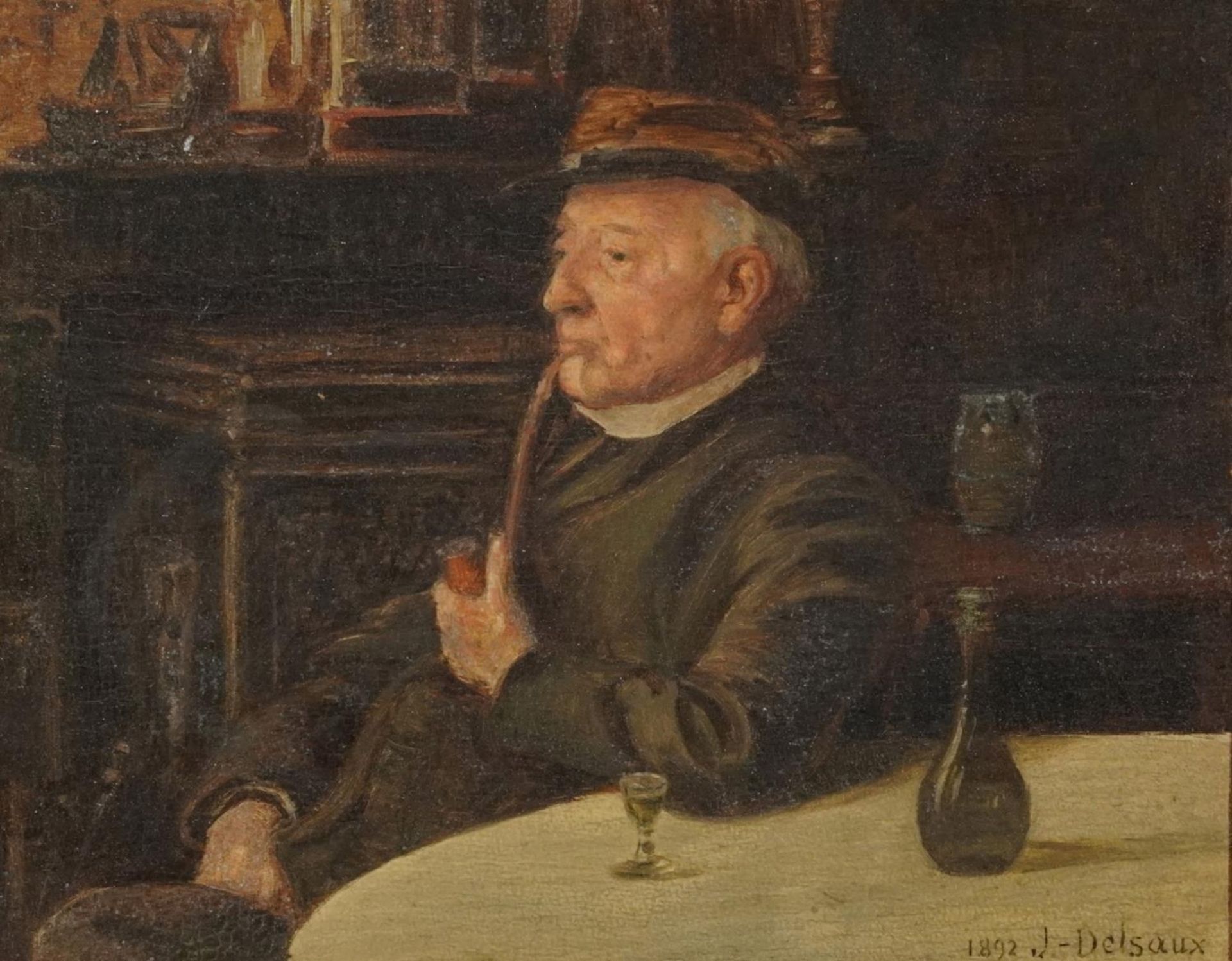 Jeremie Delsaux 1892 - Seated gentleman smoking a pipe in an interior, late 19th century French