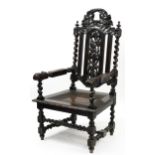 Antique barley twist oak chair carved with grapevine and cane bergere seat, 130cm high