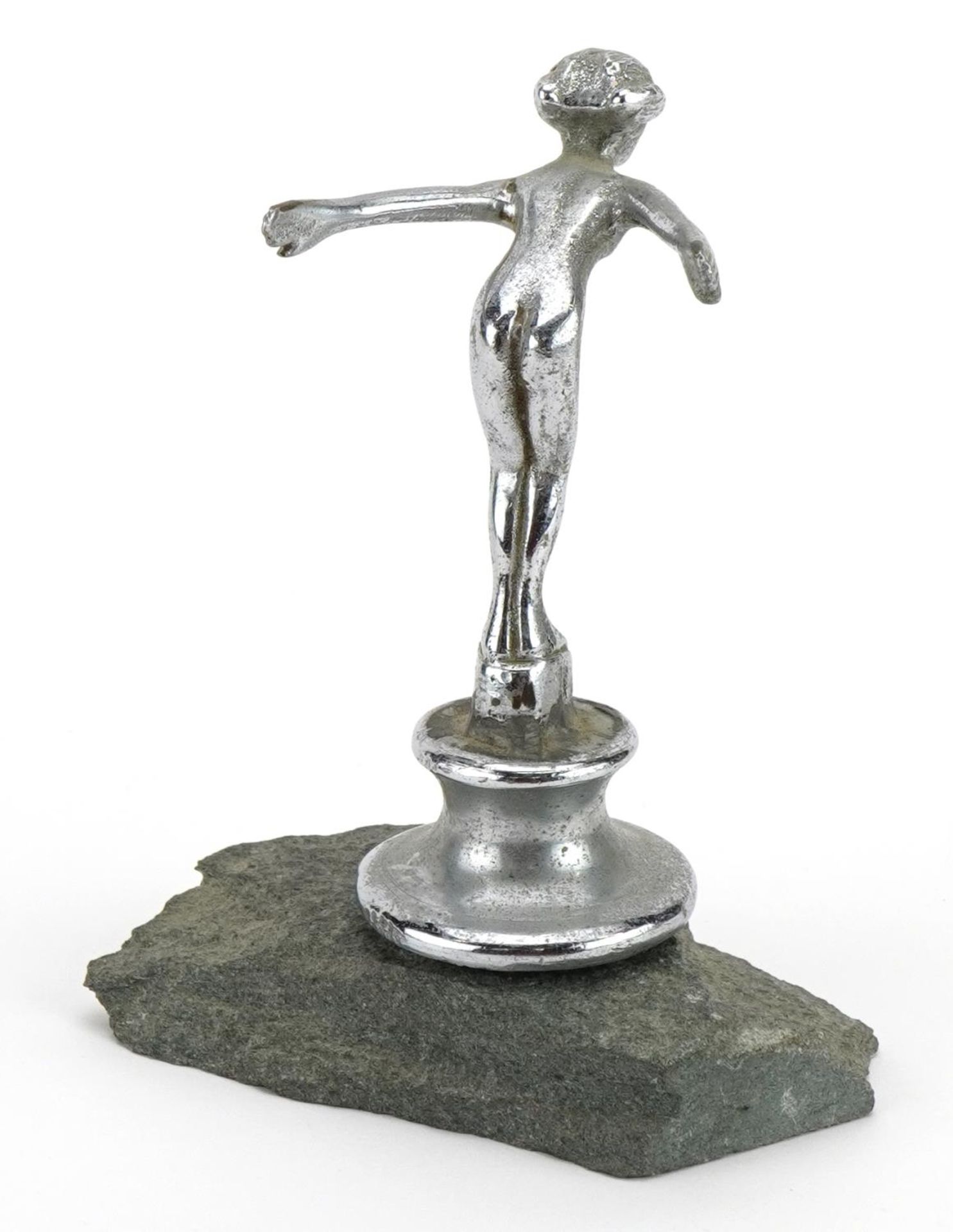 Early 20th century chrome Speed Nymph car mascot raised on a green slate stand, overall 11cm high - Bild 2 aus 3