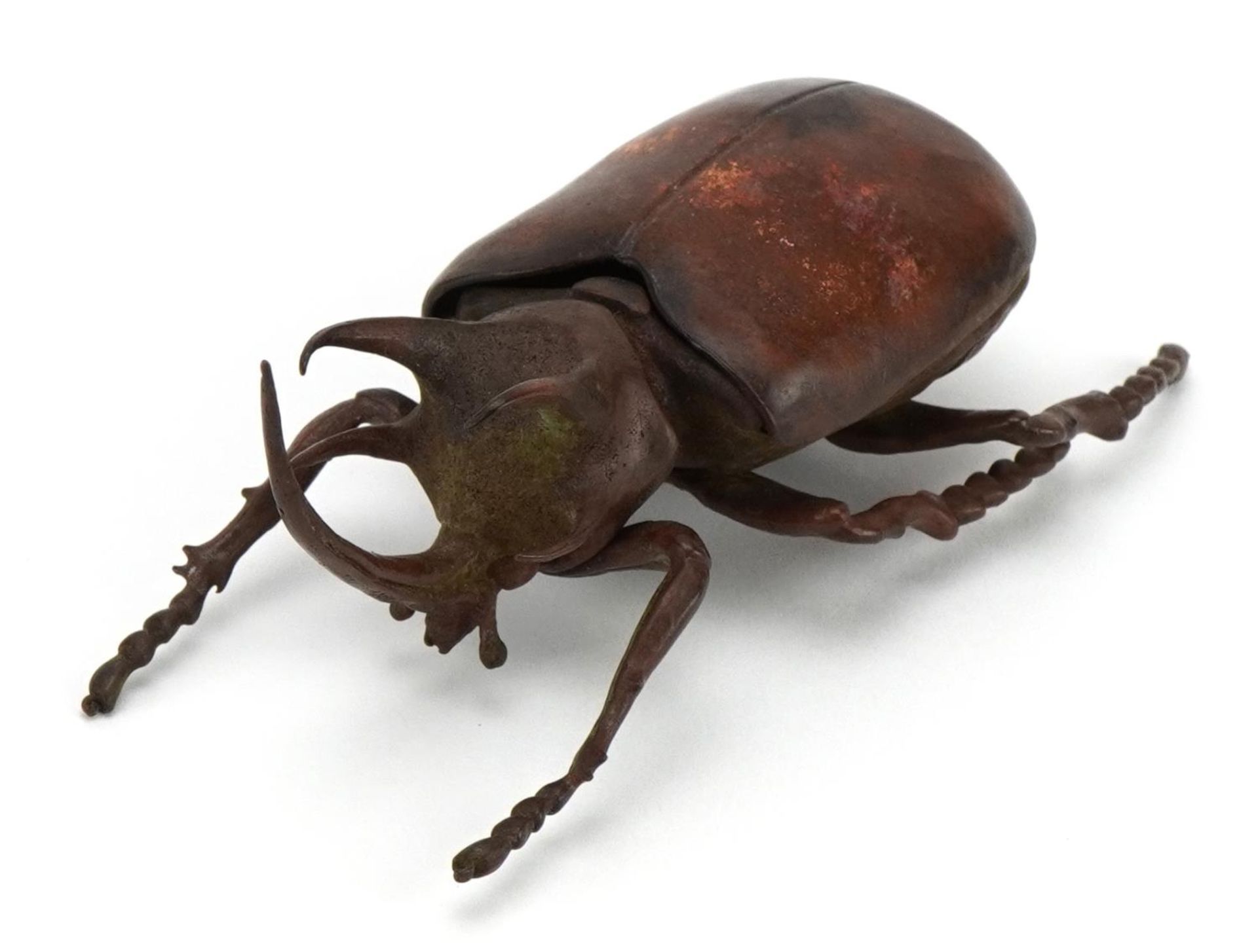 Japanese patinate bronze beetle with opening back, 12cm in length