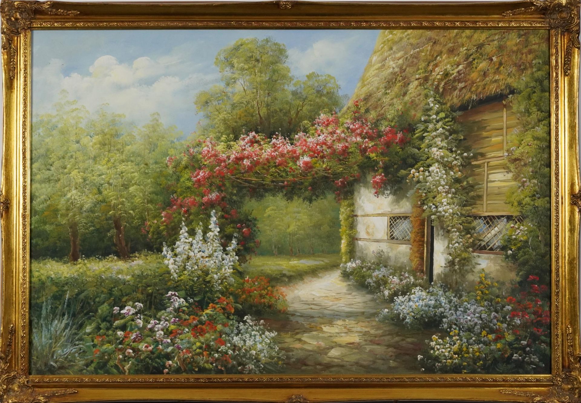 Cottage garden scene with wild flowers, oil on canvas, mounted and framed, 90cm x 60cm excluding the - Bild 2 aus 4