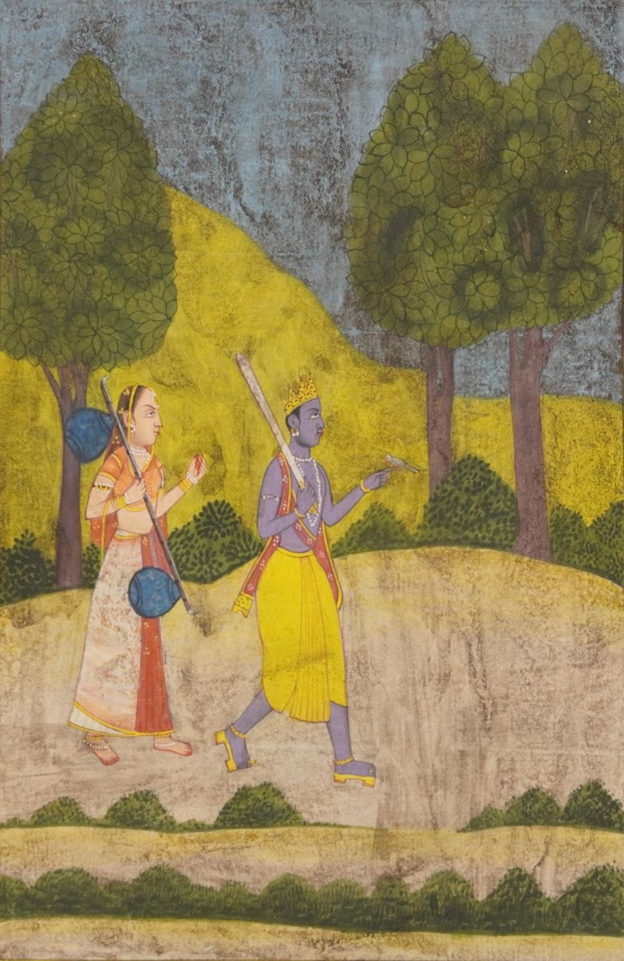 Figure with an attendant before a landscape, Indian Mughal school watercolour on card, unframed,