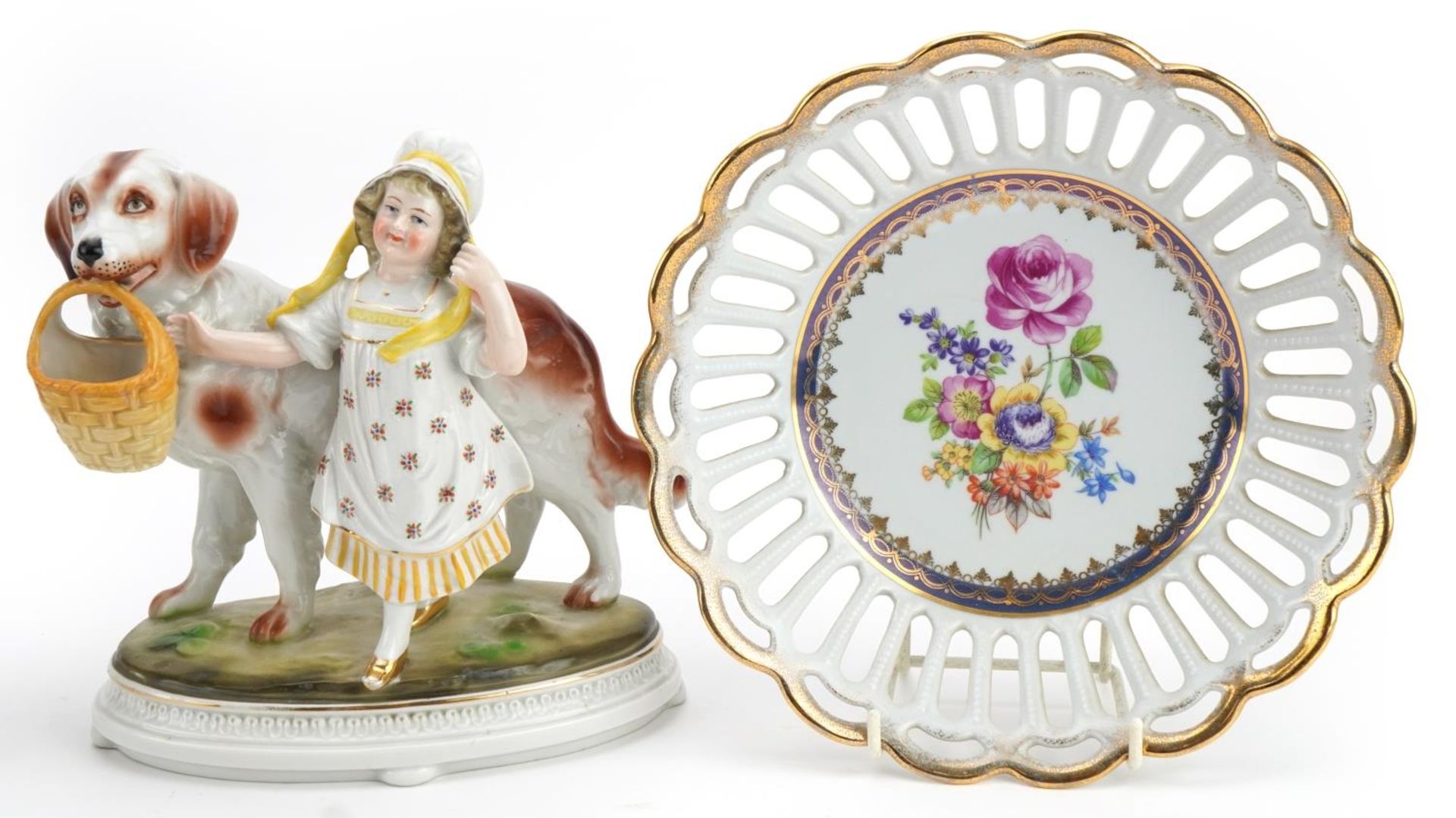 Continental porcelain including a Dresden pierced baskets decorated with flowers and figure of a - Bild 3 aus 6