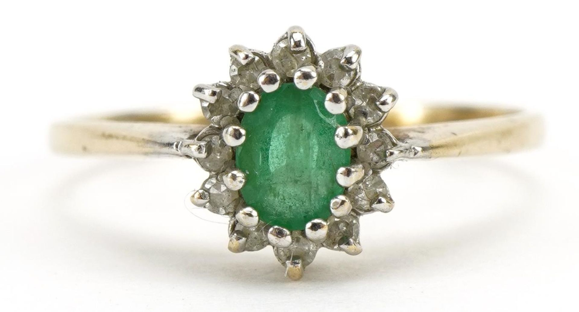 9ct gold emerald and diamond cluster ring, size N, 1.4g