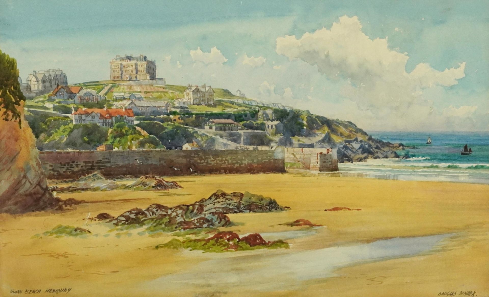 Douglas Pinder - Towan Beach, Newquay, Cornish watercolour, F E Williams & Co label verso,