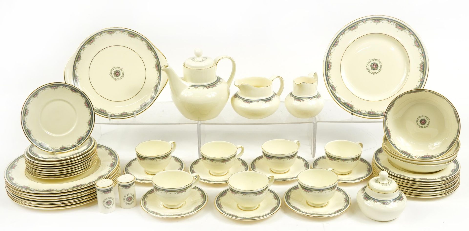 Royal Doulton Albany dinner and teaware including teapot, plates and trios, the largest each