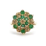 9ct gold emerald and diamond three tier cluster ring, size P, 3.0g