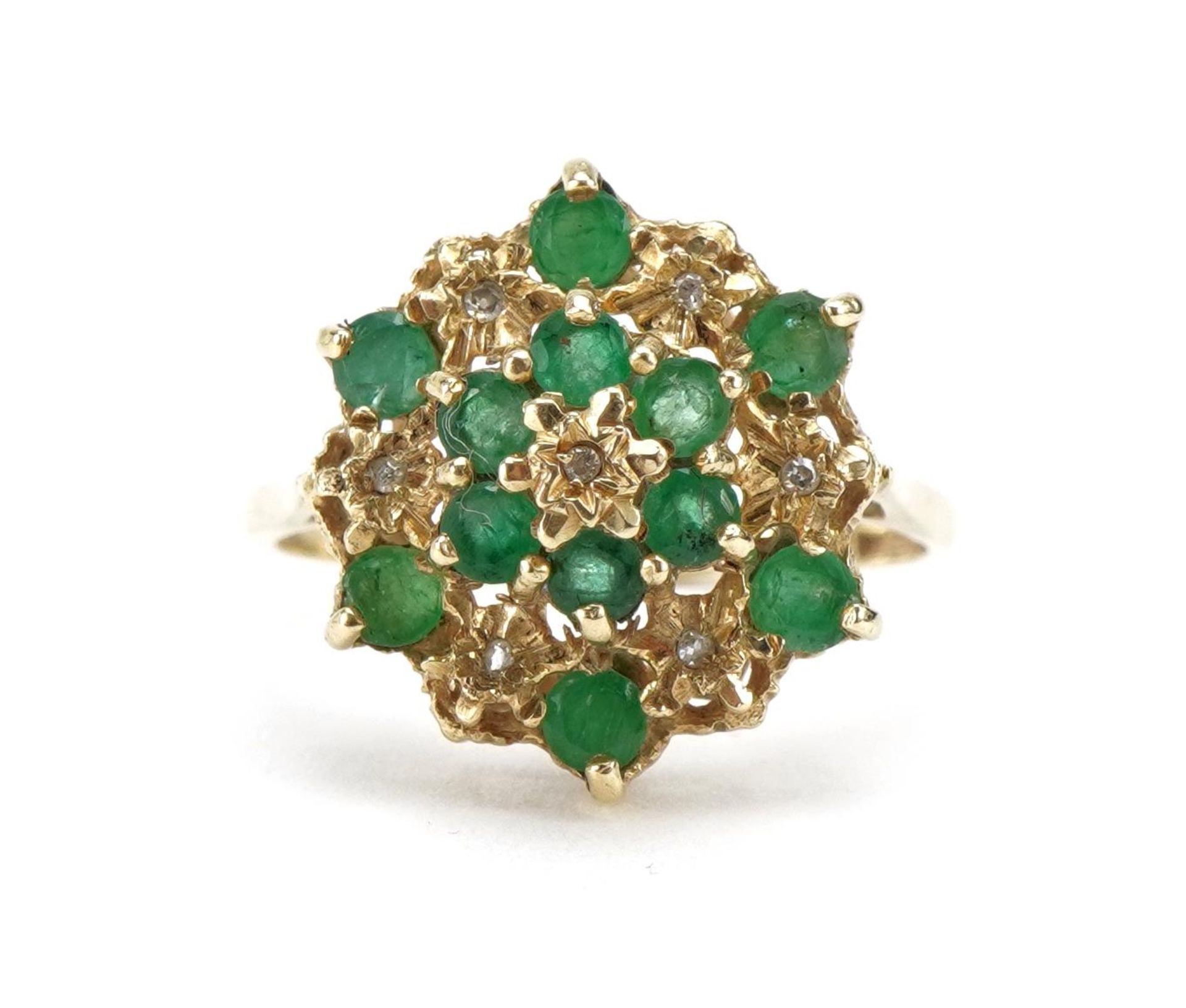 9ct gold emerald and diamond three tier cluster ring, size P, 3.0g