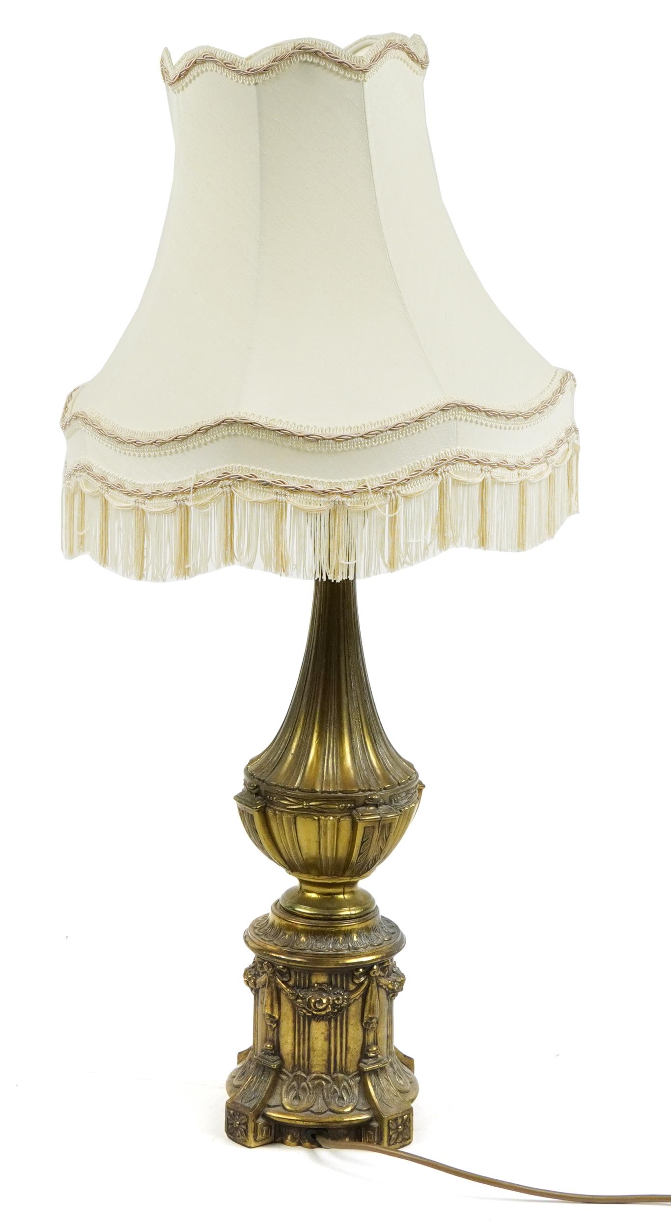 Ornate gilt brass table lamp with shade, 77cm high - Image 2 of 3