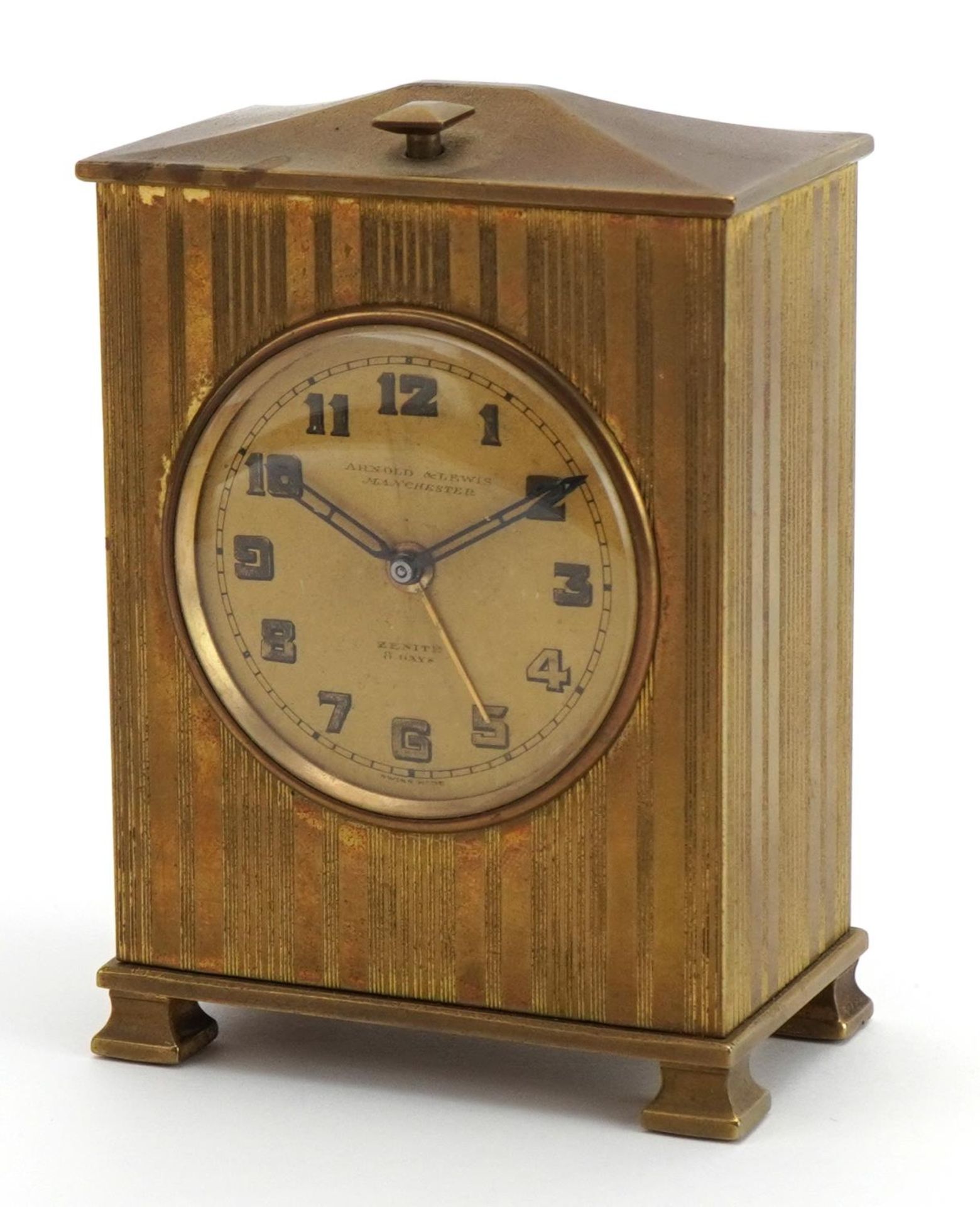 Zenith, Art Deco brass cased travel alarm clock with velvet lined case, the clock retailed by Arnold - Image 2 of 6