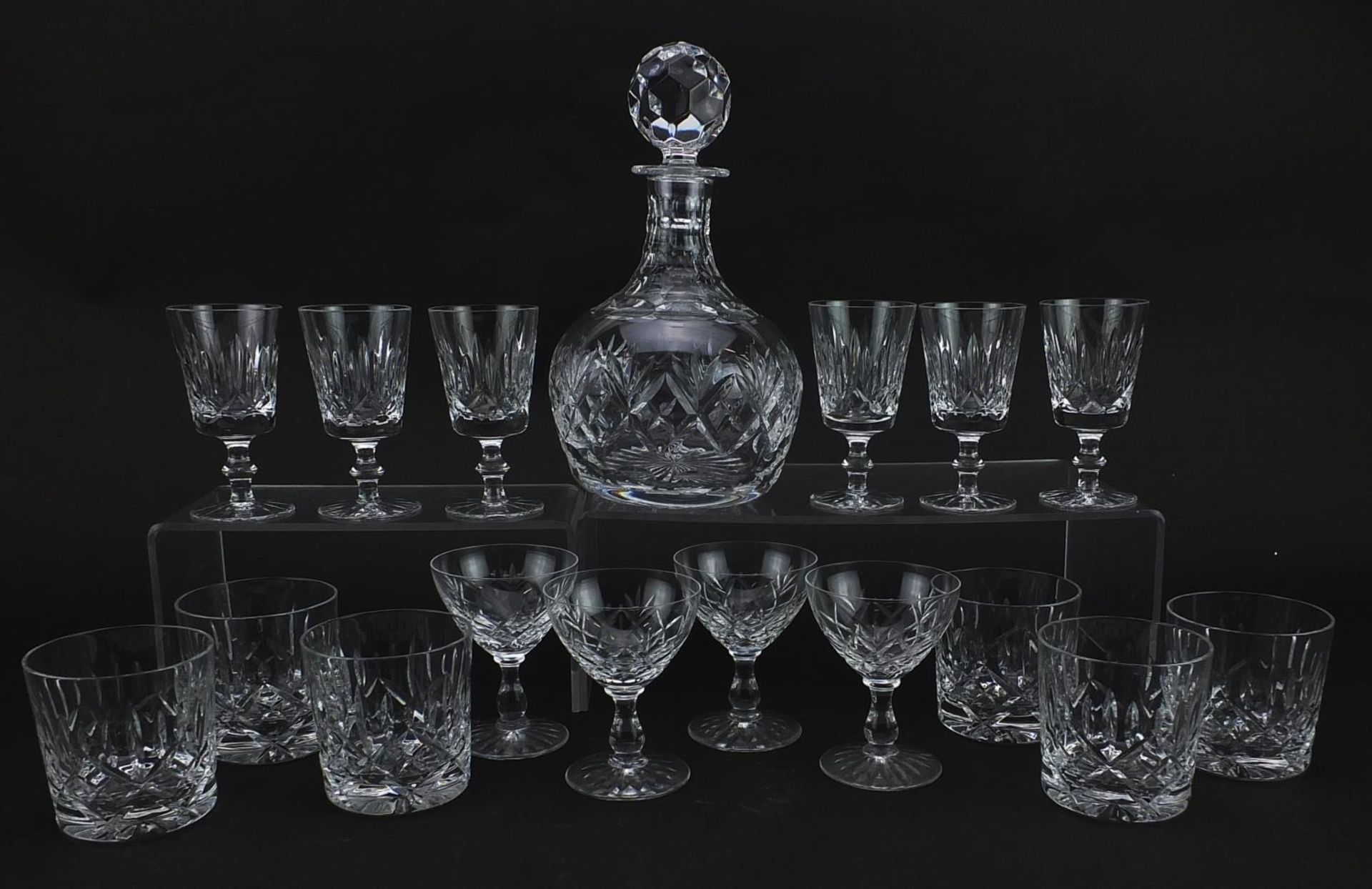 Royal Doulton crystal decanter and three sets of glasses, the decanter 23cm high