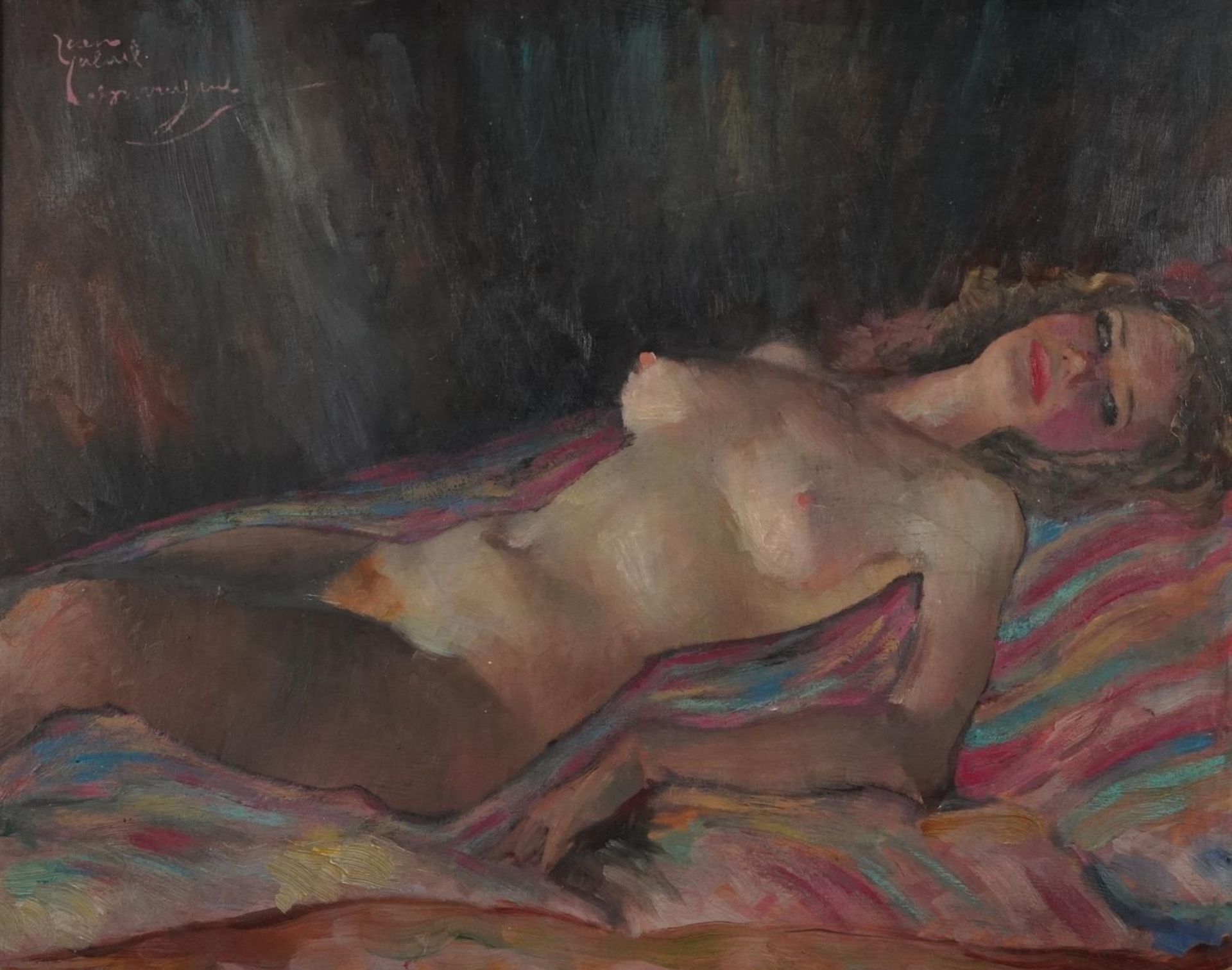 Reclining nude female, continental oil on board, mounted and framed, 50cm x 40cm excluding the mount