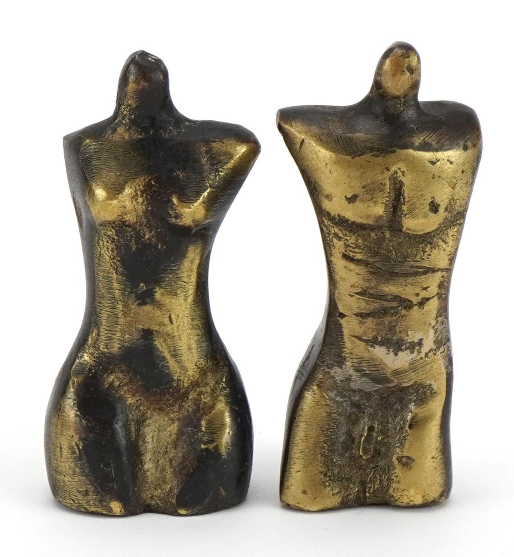Pair of mid century Modernist male and female bronze torsos, each impressed Arturo to the reverse,