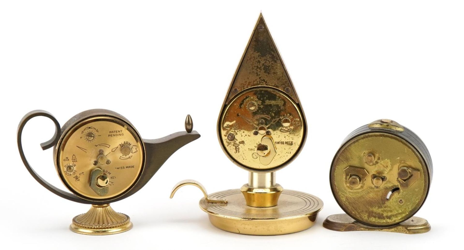 Two vintage Swiza clocks in the form of an oil lamp and chamber stick together with a Looping - Image 2 of 5