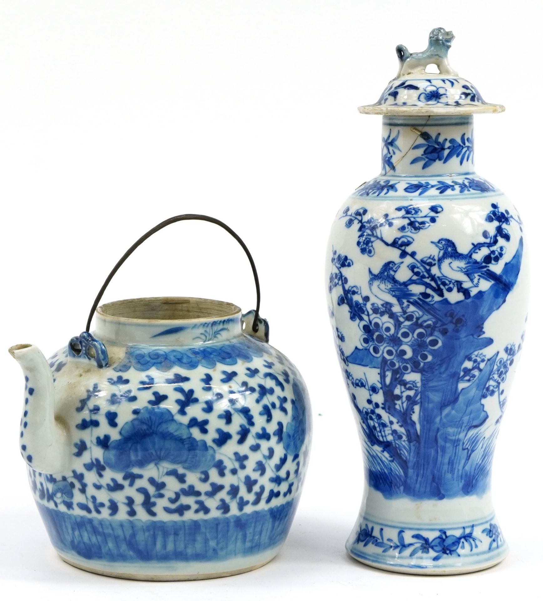 Chinese blue and white porcelain comprising a baluster vase and teapot, the largest 31.5cm high