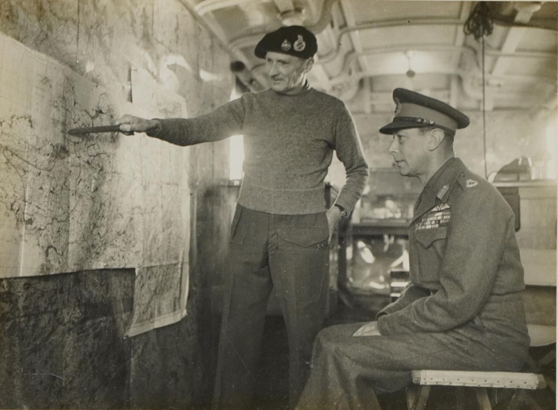 Military interest black and white photograph of King George VI and Field Marshall Montgomery,