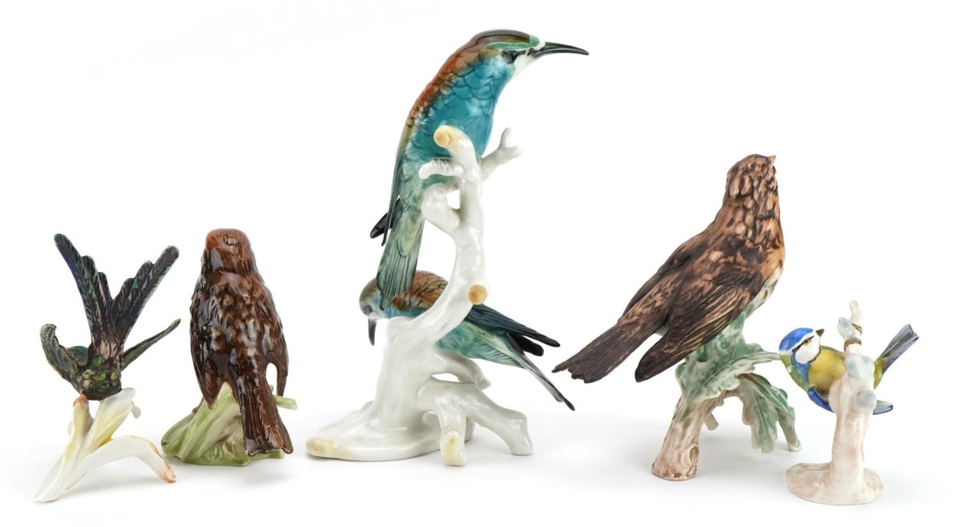 Five collectable porcelain bird groups comprising Karl Enz and Goebel, the largest 23cm high - Image 4 of 6