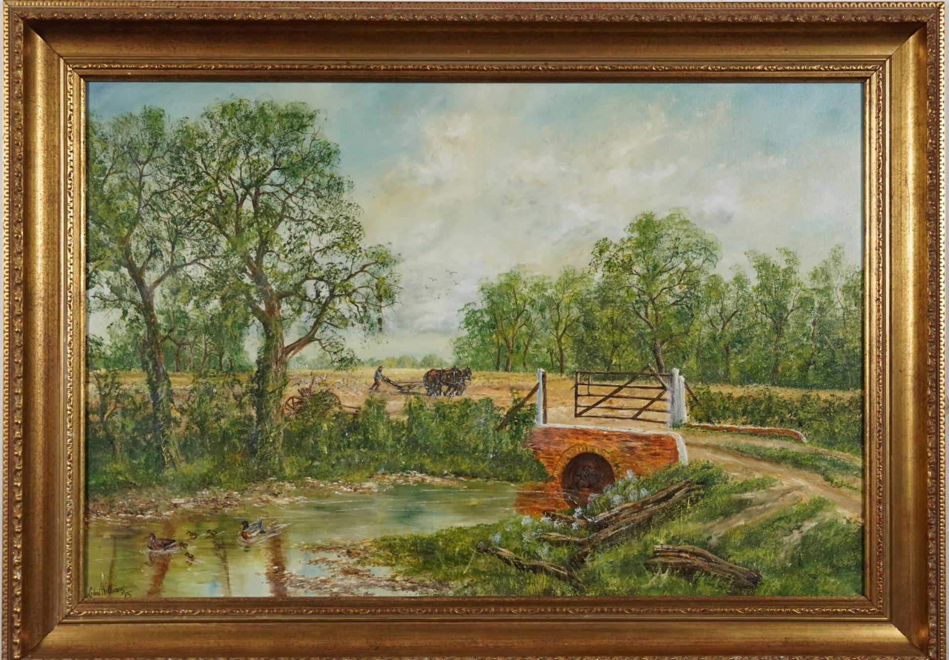 Chris Williams - Rural landscape with plough horses, oil on canvas, mounted and framed, 75cm x - Bild 2 aus 4