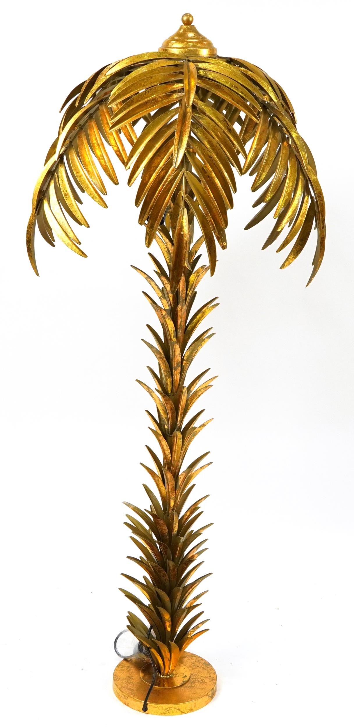 Hollywood Regency style floor standing gilt metal palm tree design standard lamp, 158cm high