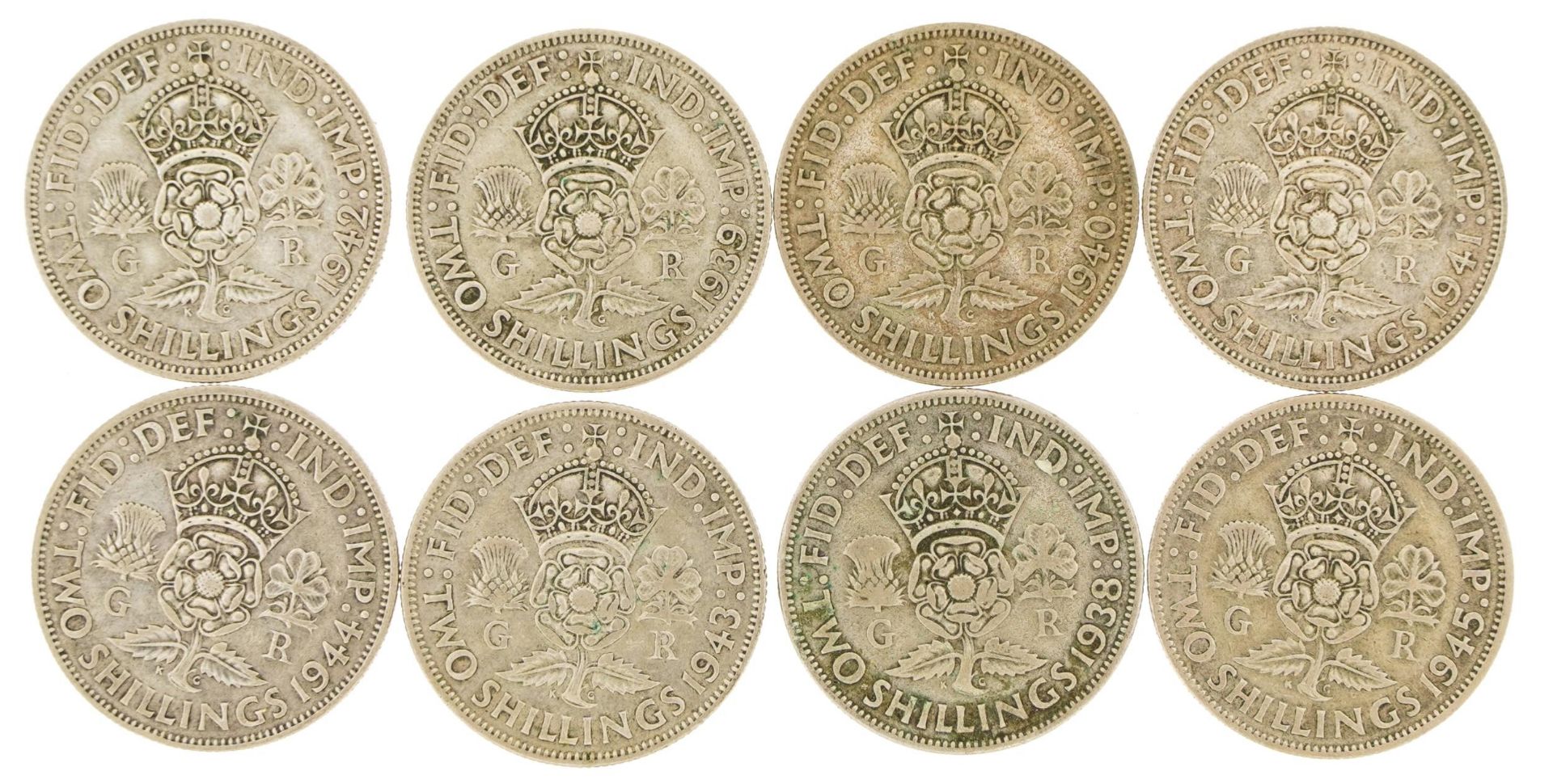 Eight George VI two shillings, 1938 - 1945, 89.6g