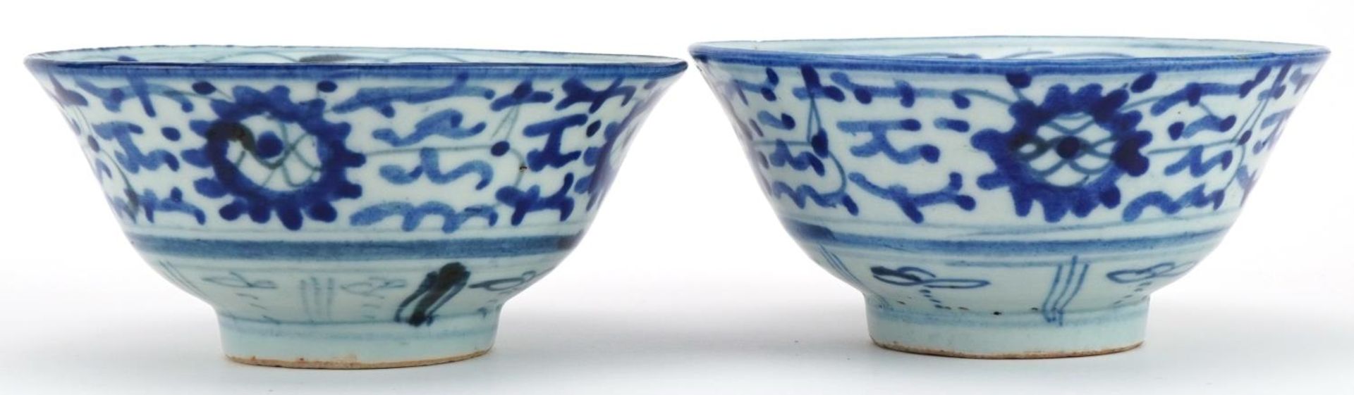 Pair of Chinese blue and white porcelain bowls hand painted with flowers, character marks to the - Image 2 of 3