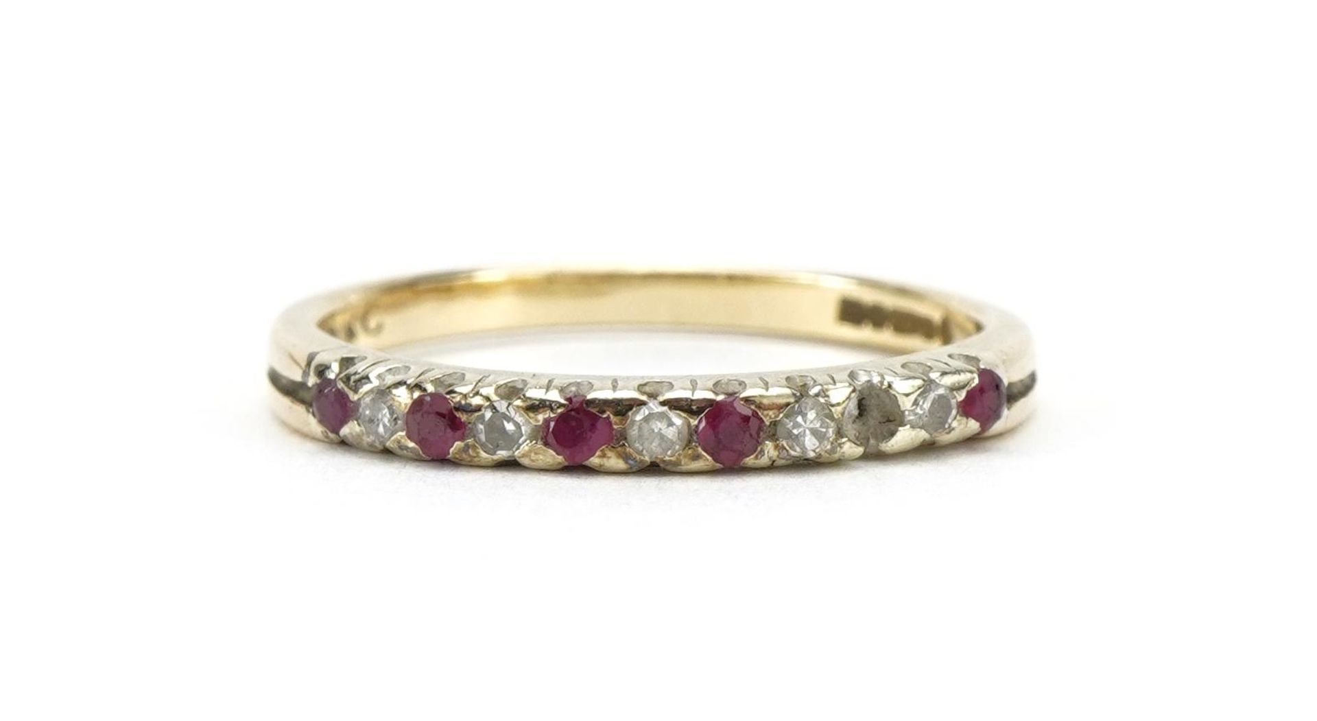 9ct gold ruby and diamond half eternity ring, size N, 1.7g