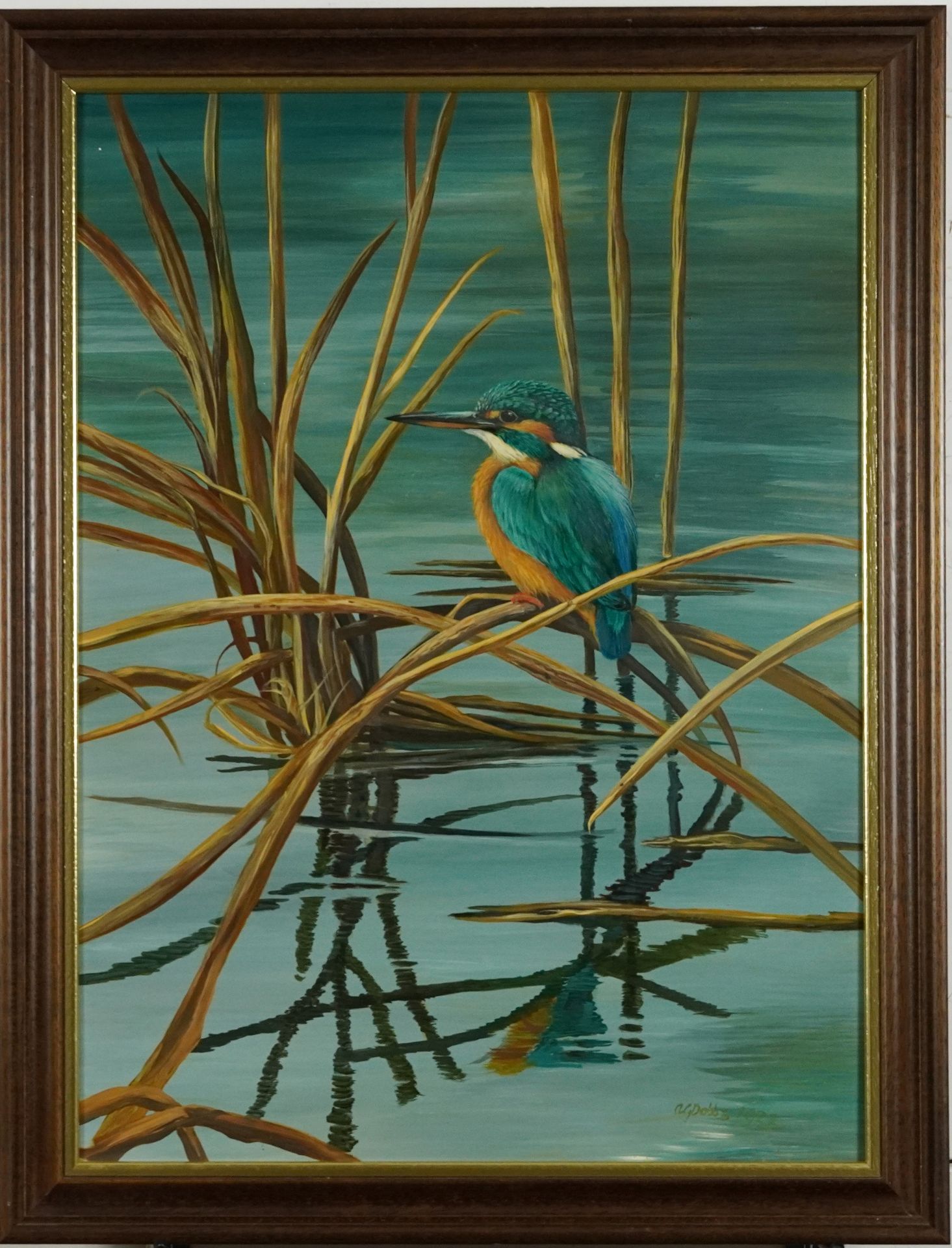 Kingfisher on reeds above water, oil on board, indistinctly signed, possibly ... Dobbs, mounted - Image 2 of 4