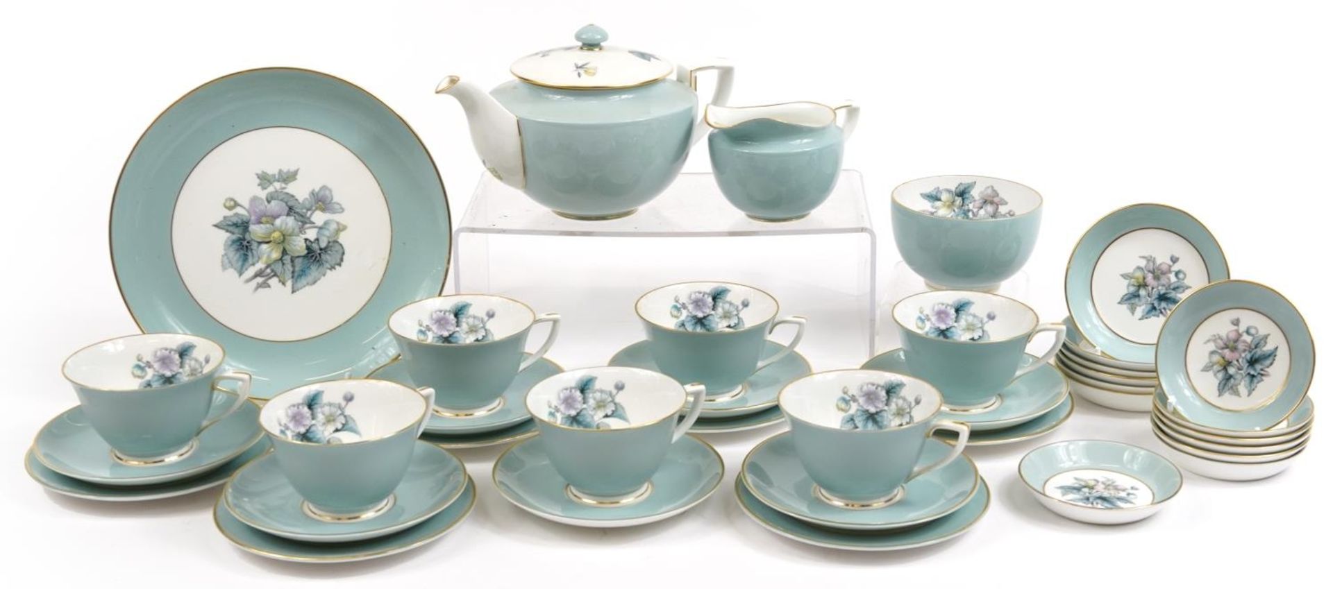 Royal Worcester Woodland pattern teaware including teapot, milk jug, sugar bowl and trios