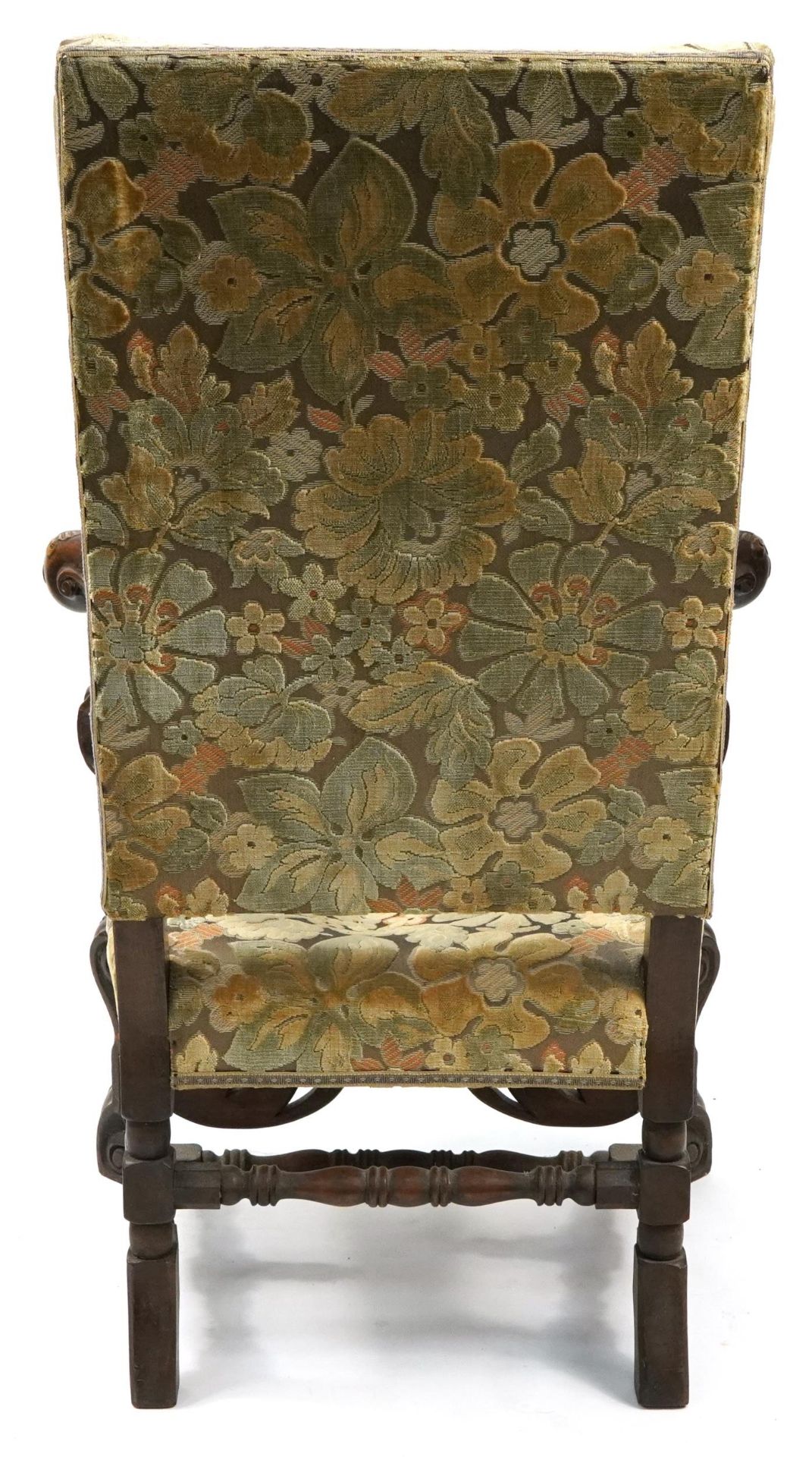 Antique carved oak framed throne chair with floral upholstered back and seat, 119cm high - Bild 3 aus 3