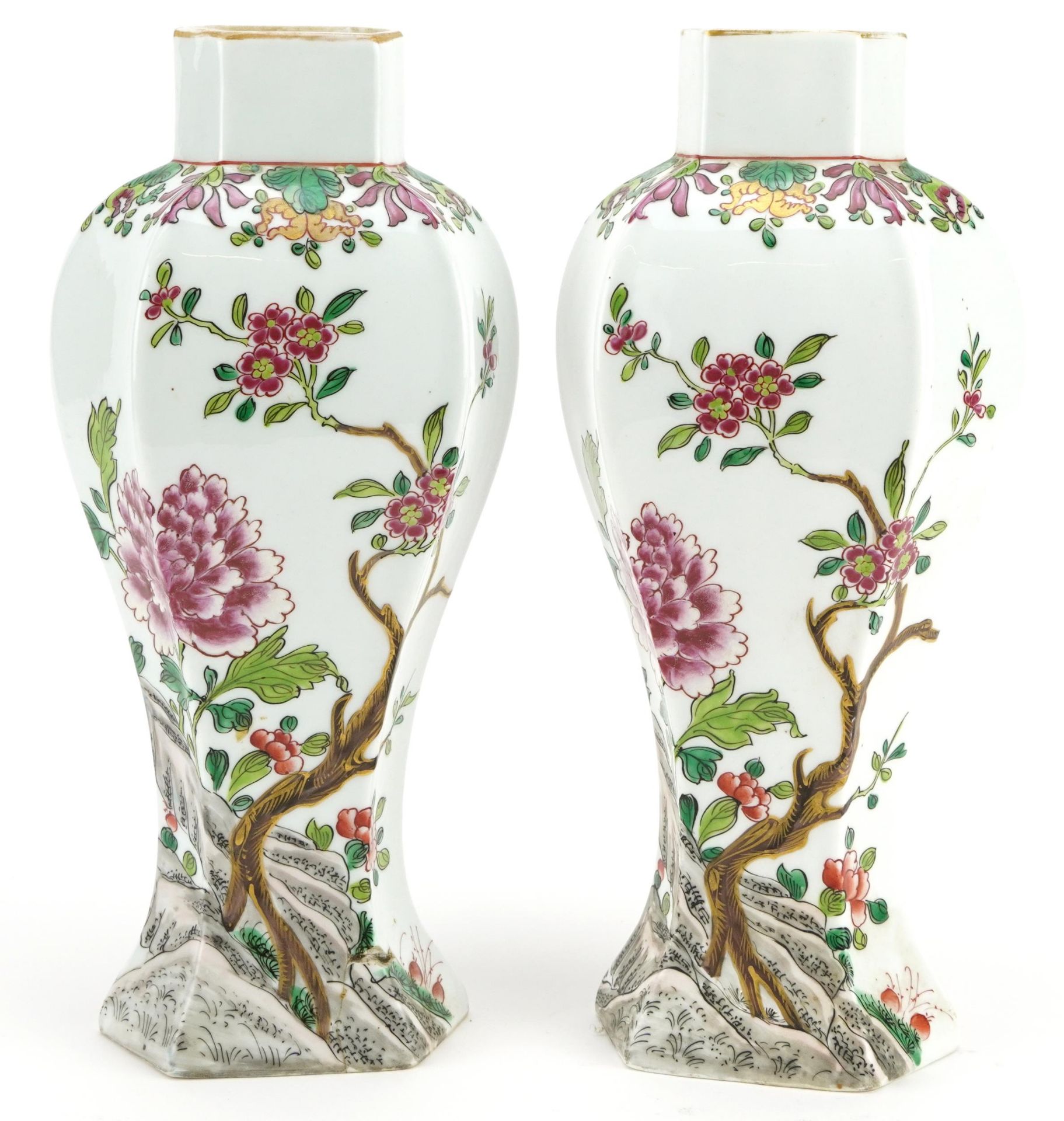 Pair of Chinese porcelain hexagonal vases hand painted in the famille rose palette with flowers,