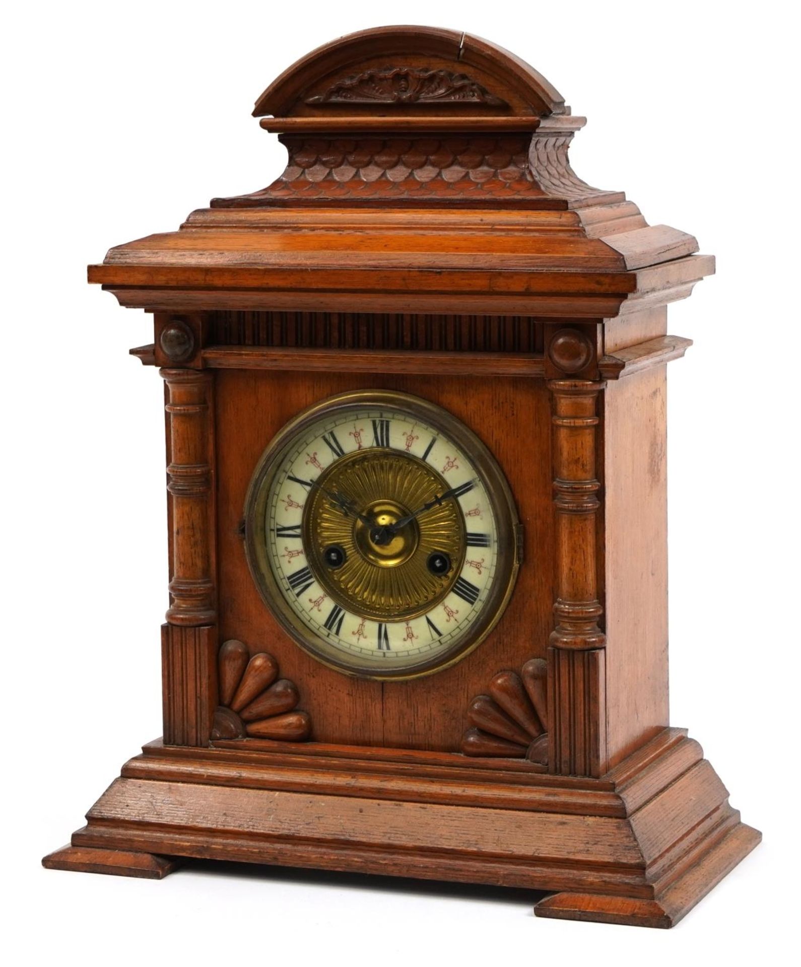 Edwardian oak striking mantle clock, the gilt dial having Roman numerals, Oetzmann & Co label to the