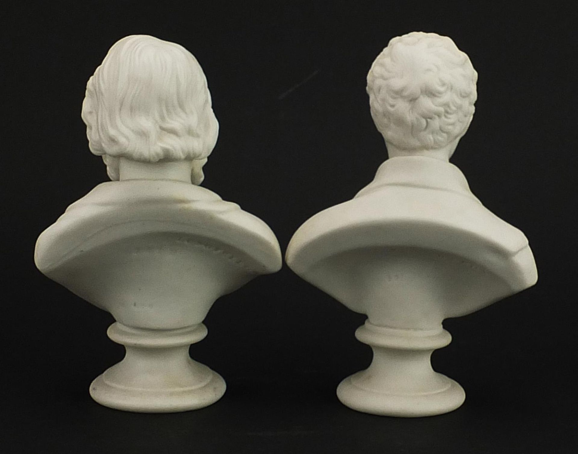Two James and Thomas Bevington parian ware busts comprising Lord Byron and Longfellow, the largest - Image 2 of 5
