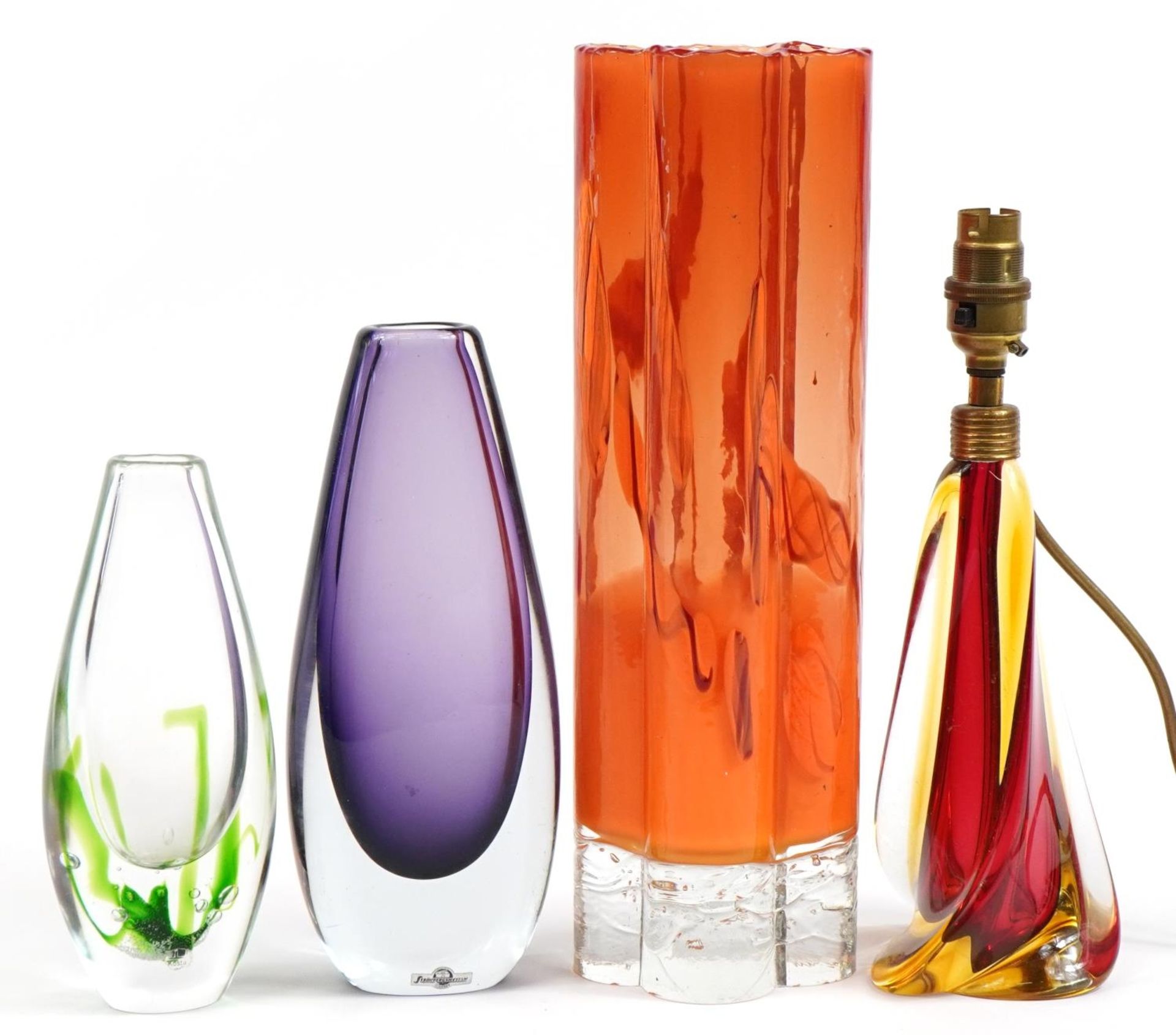 Art glassware including Strombergshyttan Swedish amethyst glass vase and a Kosta Boda green and