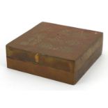 Chinese bronzed box and cover with lift off lid engraved with calligraphy, 5cm H x 15cm W x 15cm D