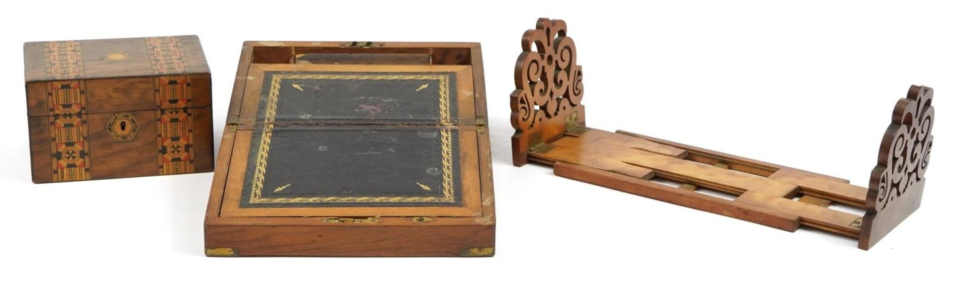 19th century campaign style mahogany writing slope, inlaid workbox and a folding book slide, the - Bild 2 aus 4