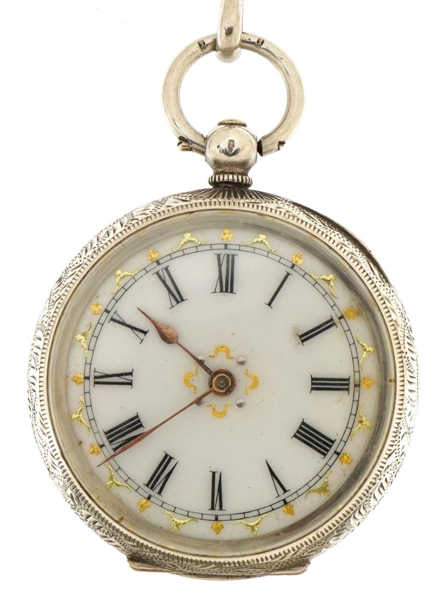 Silver ladies open face pocket watch with enamelled dial on aesthetic watch chain with tassel, the