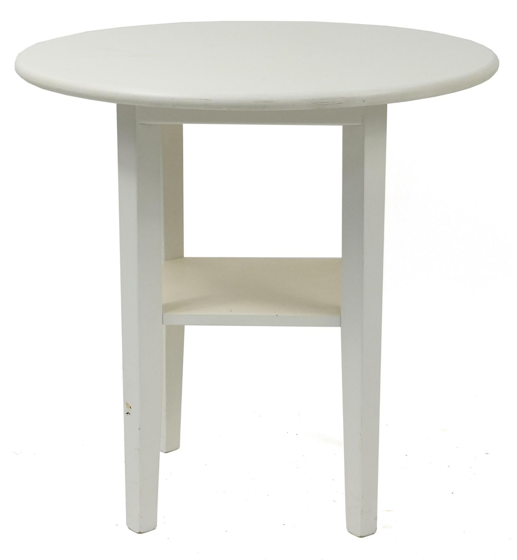 Circular white painted table and two chairs, the table 69cm high x 68cm in diameter - Image 4 of 4