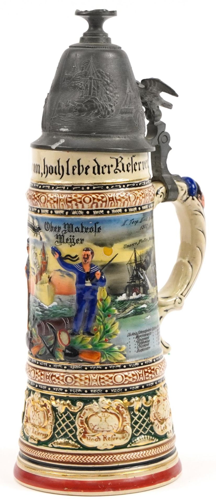 Paul Kluts, German military interest stein with pewter mounts, 32.5cm high