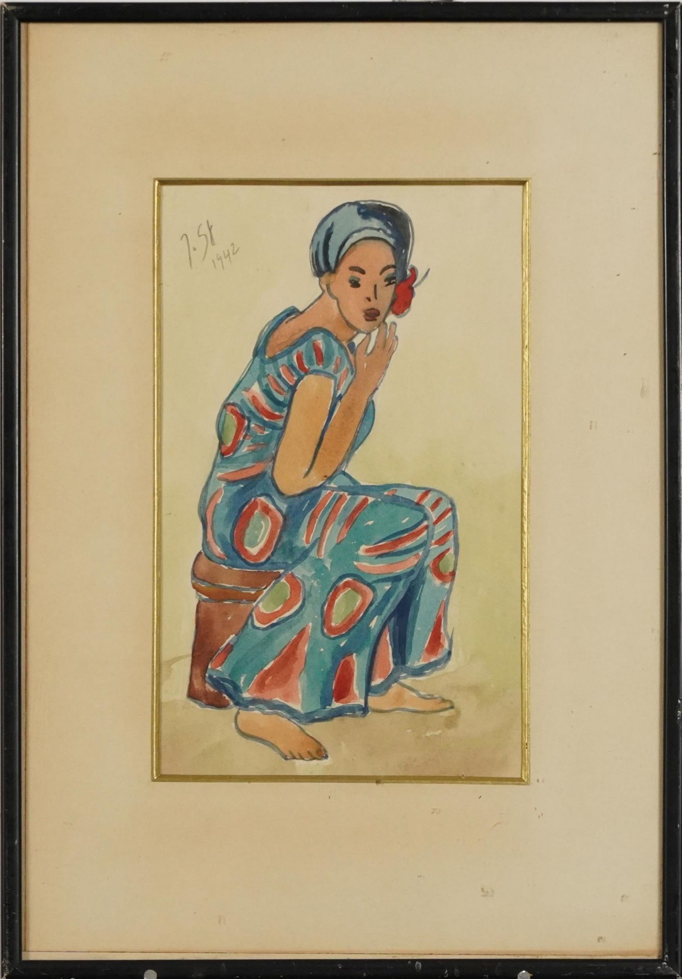 Study of a female, South African school watercolour on paper, labels verso, mounted, framed and - Image 2 of 5