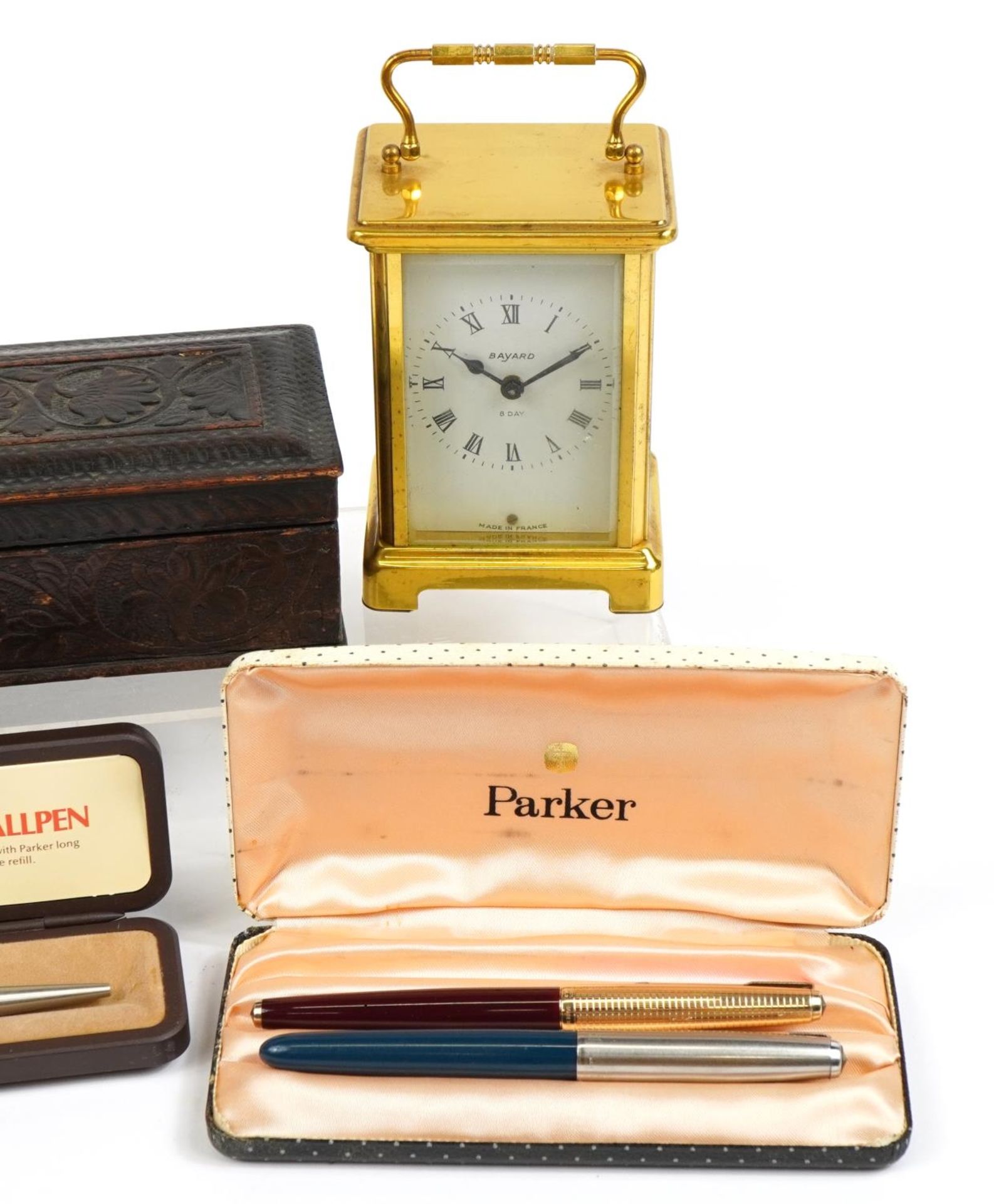 Sundry items including a Bayard eight day carriage clock, Parker 65 with gold nib, Parker 51 and - Image 3 of 5