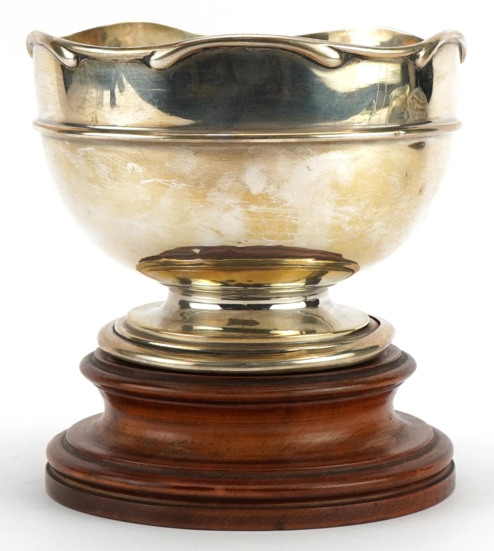 A & J Zimmerman Ltd, Edwardian silver pedestal bowl raised on a turned wood base, 13.5cm high x 12cm