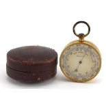 19th century gilt brass travelling pocket compensated barometer with silvered dial and leather case,