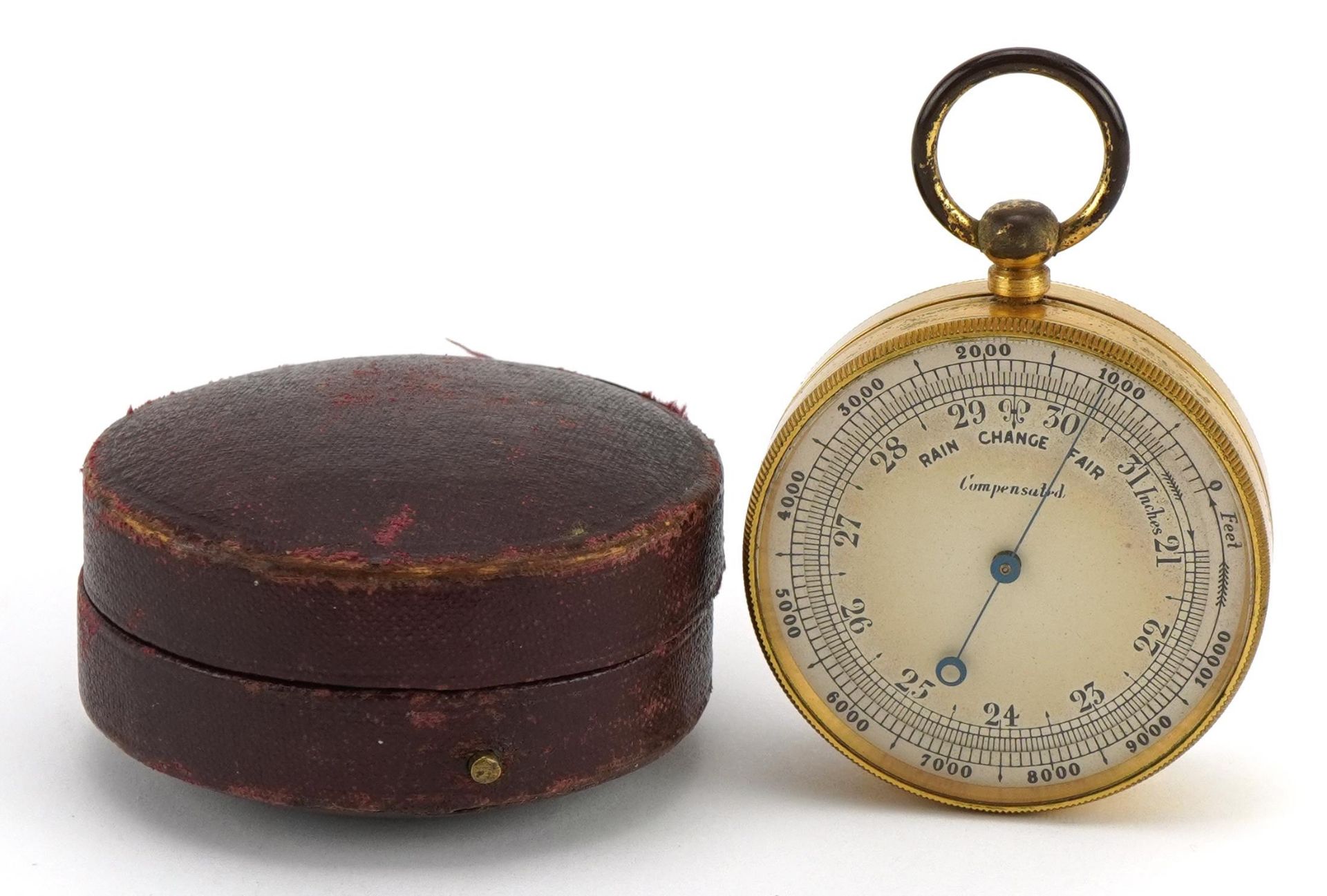 19th century gilt brass travelling pocket compensated barometer with silvered dial and leather case,