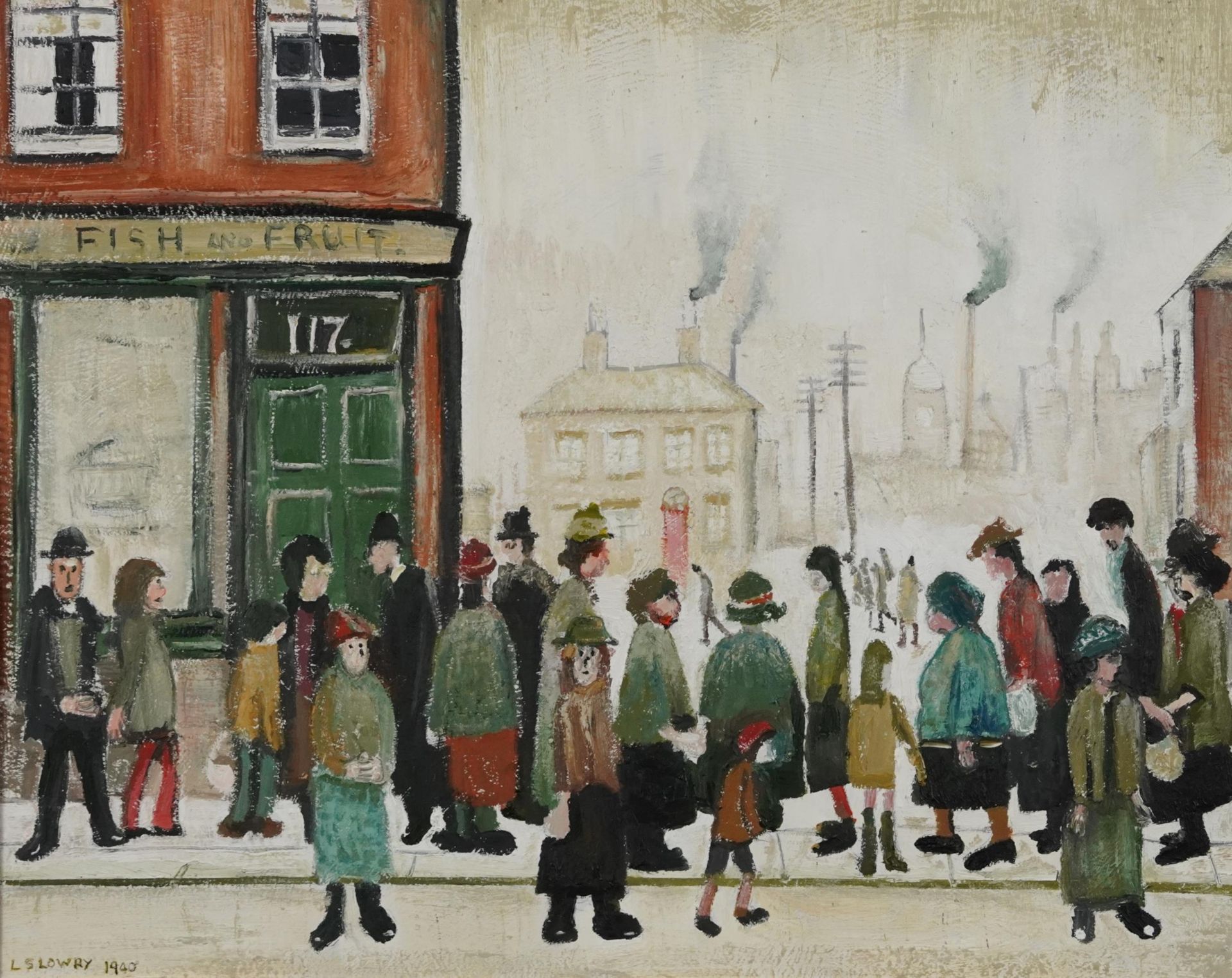 Manner of Laurence Stephen Lowry - Figures walking about before an industrial town, oil on board,