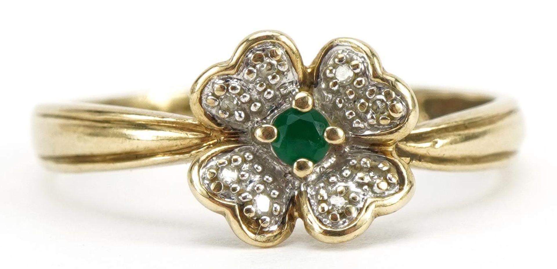 9ct gold emerald and diamond flower head ring, size S, 1.5g