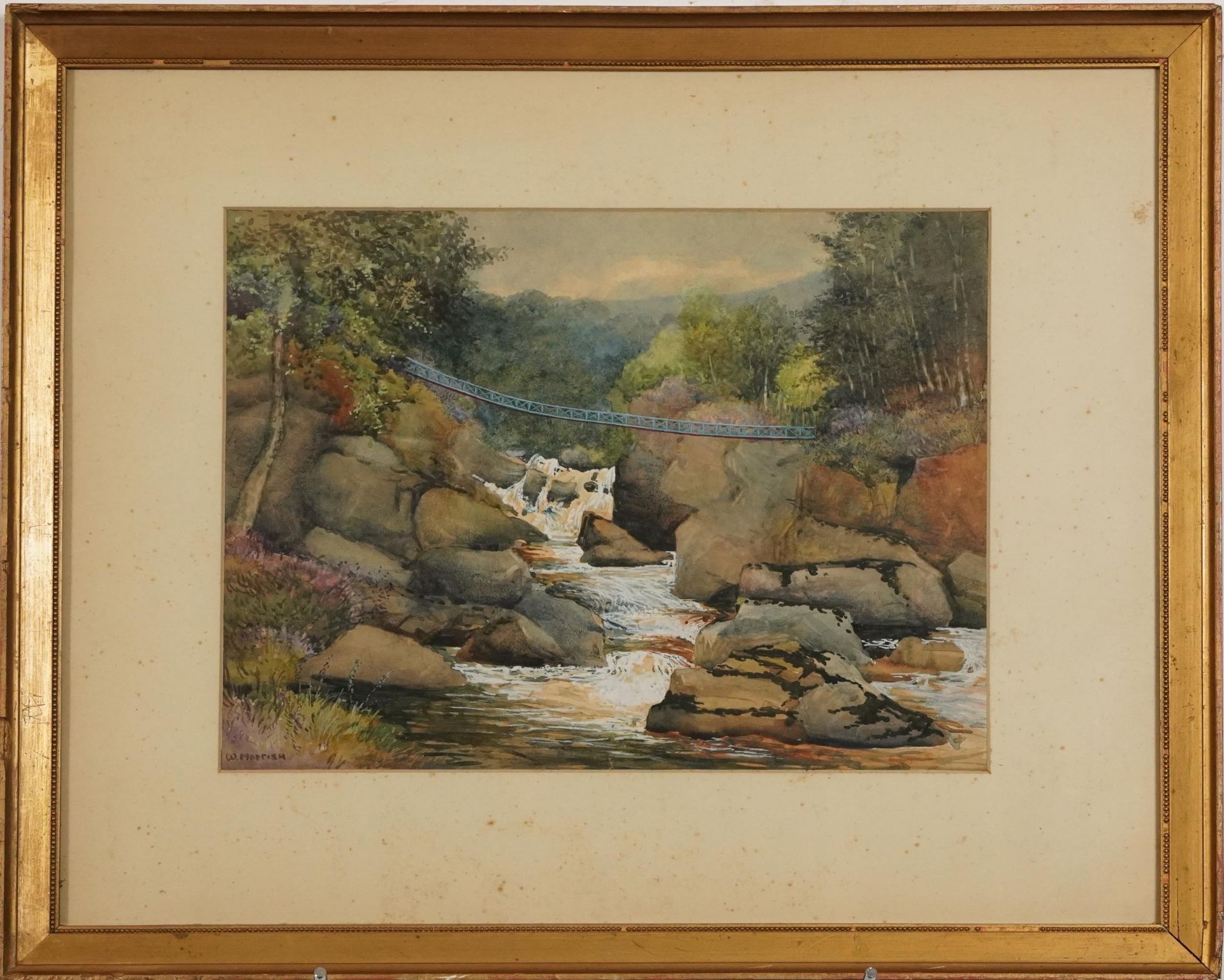 William Snell Morrish - Bridge over Highland stream, signed gouache, mounted, framed and glazed, - Image 2 of 4