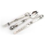 Hilliard & Thomason, Victorian silver knife, fork and spoon christening set, Birmingham 1868, the