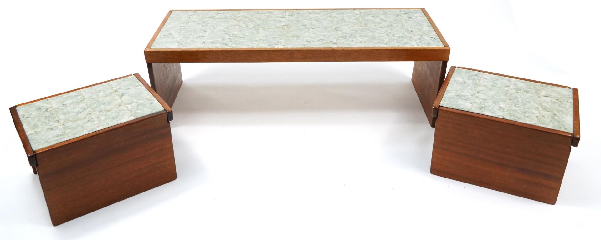 Nest of three mid century teak tile top occasional tables, the largest 40cm H x 125cm W x 48cm D